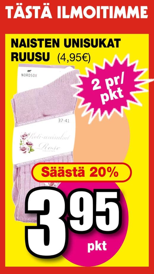 Poster-style ad in red and yellow promoting women's stockings (naisten unisukat ruusu). Includes price 3,95€, '2 pr/pkt' offer, 'säästä 20%' and a large '395 pkt' graphic. | säästötalo latvala